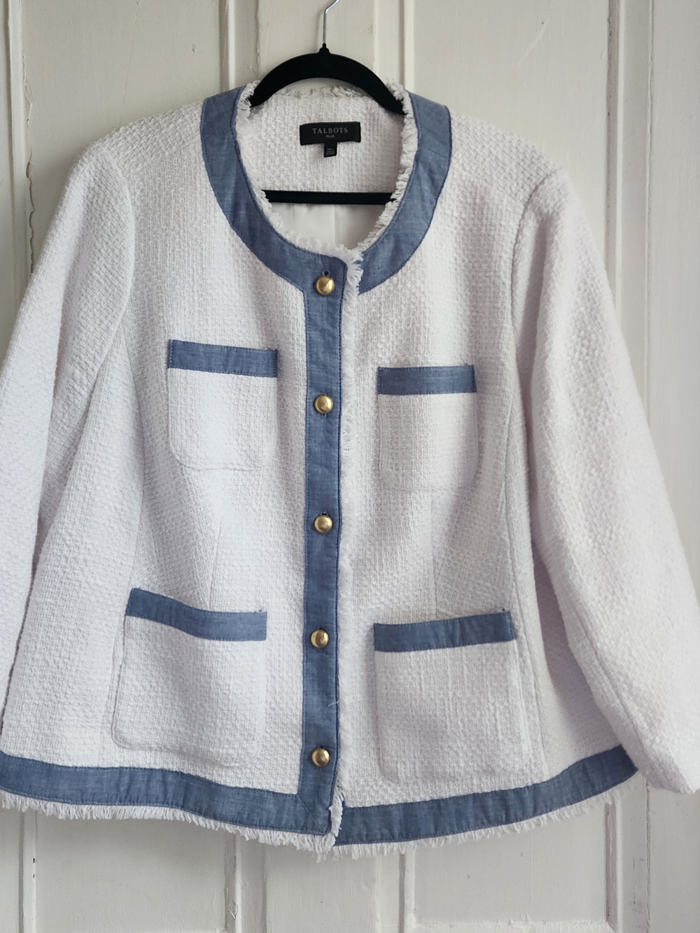 Talbots Denim Trim Tweed Jacket White & Blue 16W